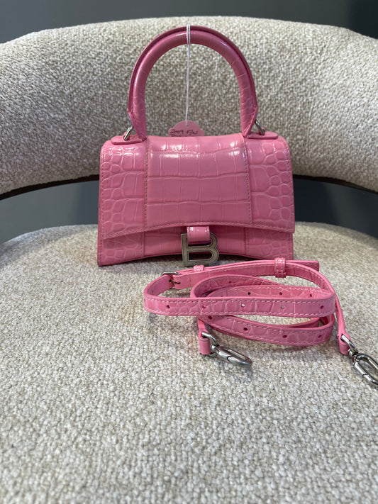 2009 F/W Pink Balenciaga XSmall Croc Embossed Hourglass Bag