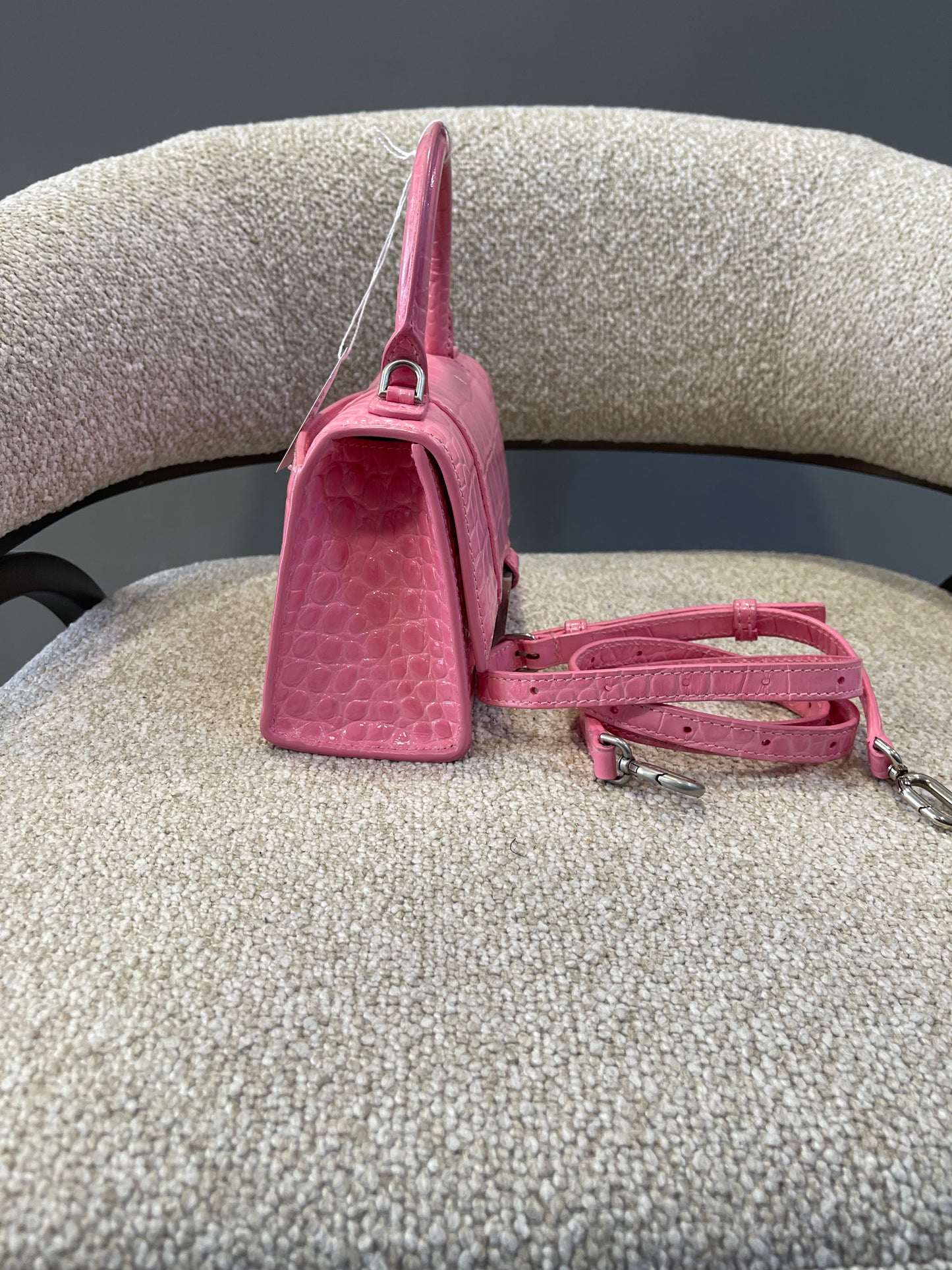 2009 F/W Pink Balenciaga XSmall Croc Embossed Hourglass Bag