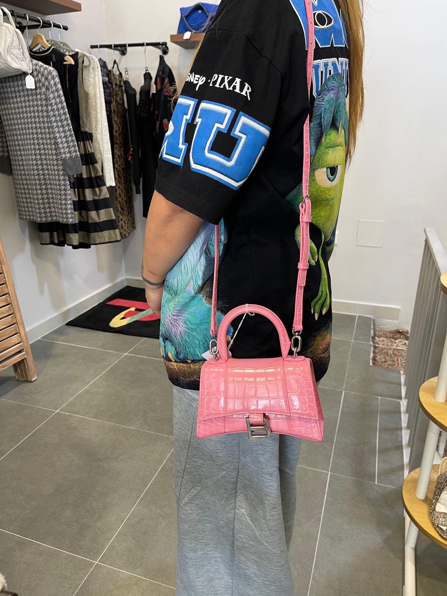 2009 F/W Pink Balenciaga XSmall Croc Embossed Hourglass Bag