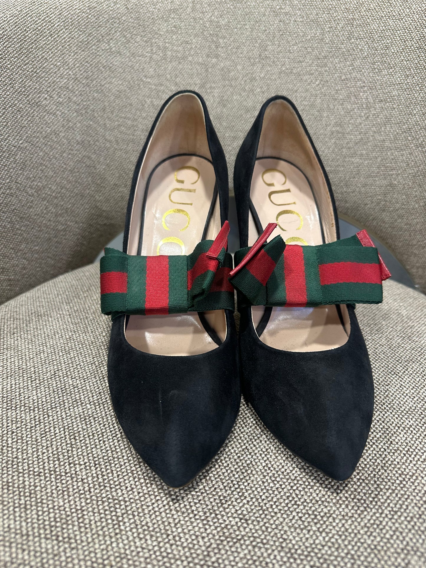 2016/2017 Gucci Black Suede Sylvie Removable Web Bow Pumps Size