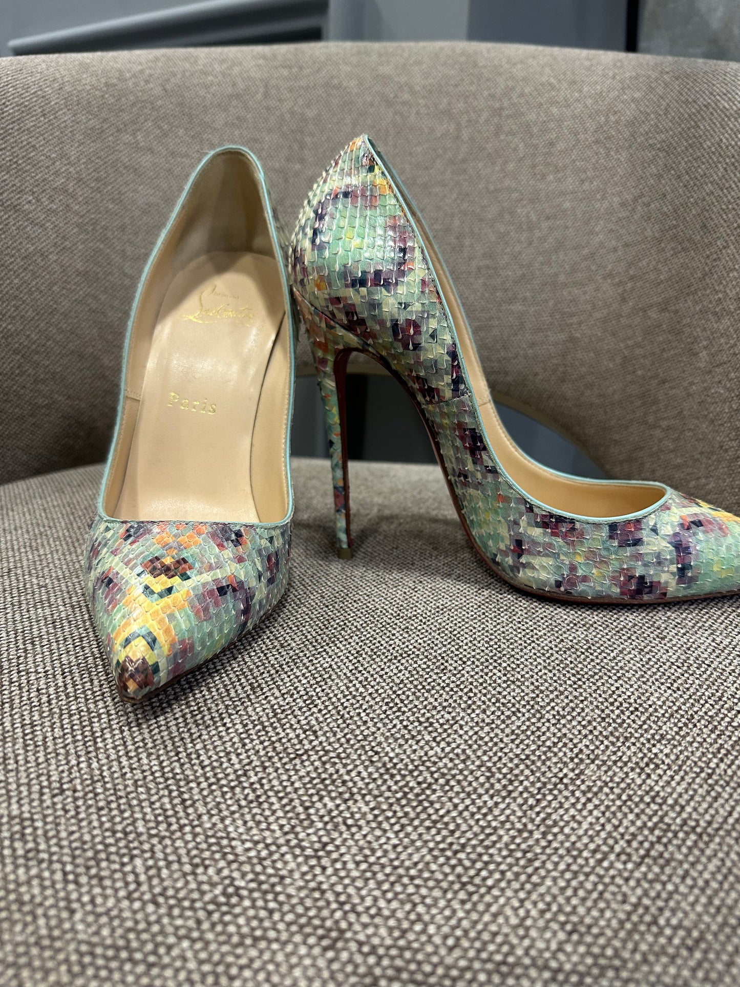 2015 Christian Louboutin Multicolor Pixel Pattern Python Embossed Pigalle Follies Pointed