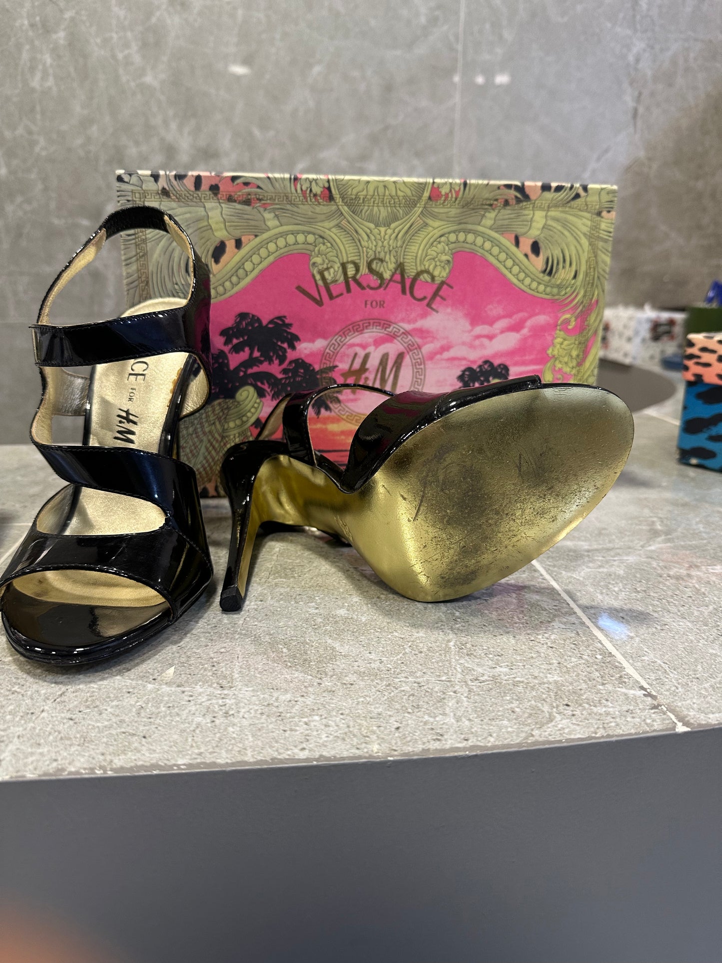 2011 Versace x H&M Black Patent Leather Sandals