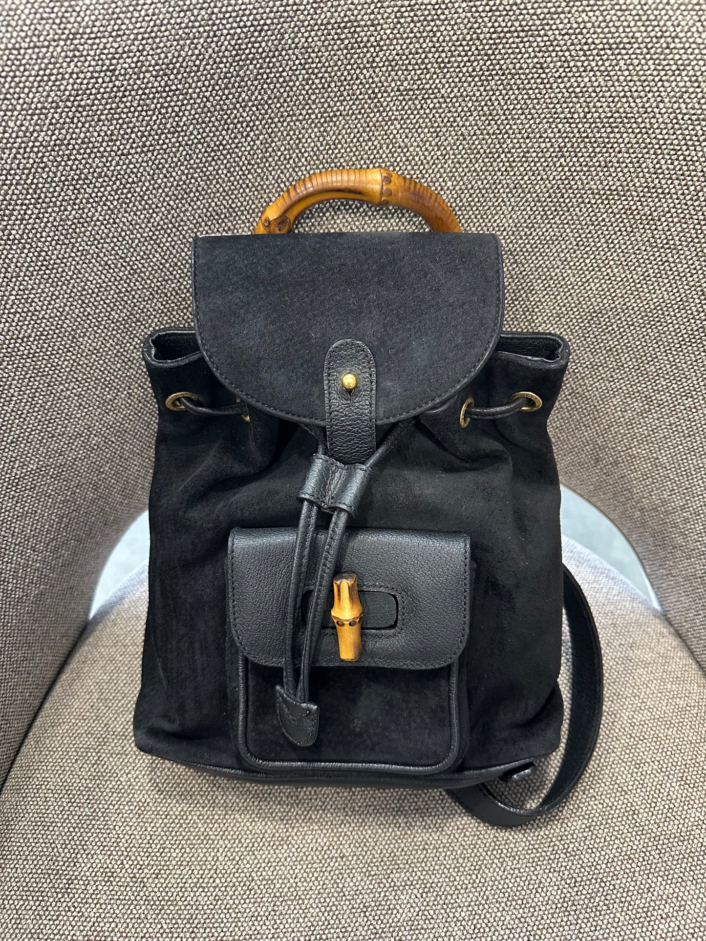Vintage Tom Ford Era Gucci Bamboo Suede & Leather Backpack Black