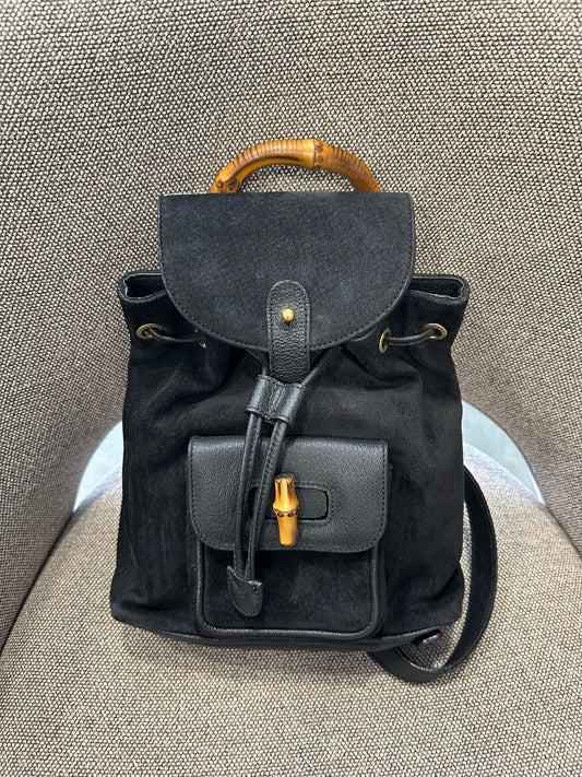 Vintage Tom Ford Era Gucci Bamboo Suede & Leather Backpack Black