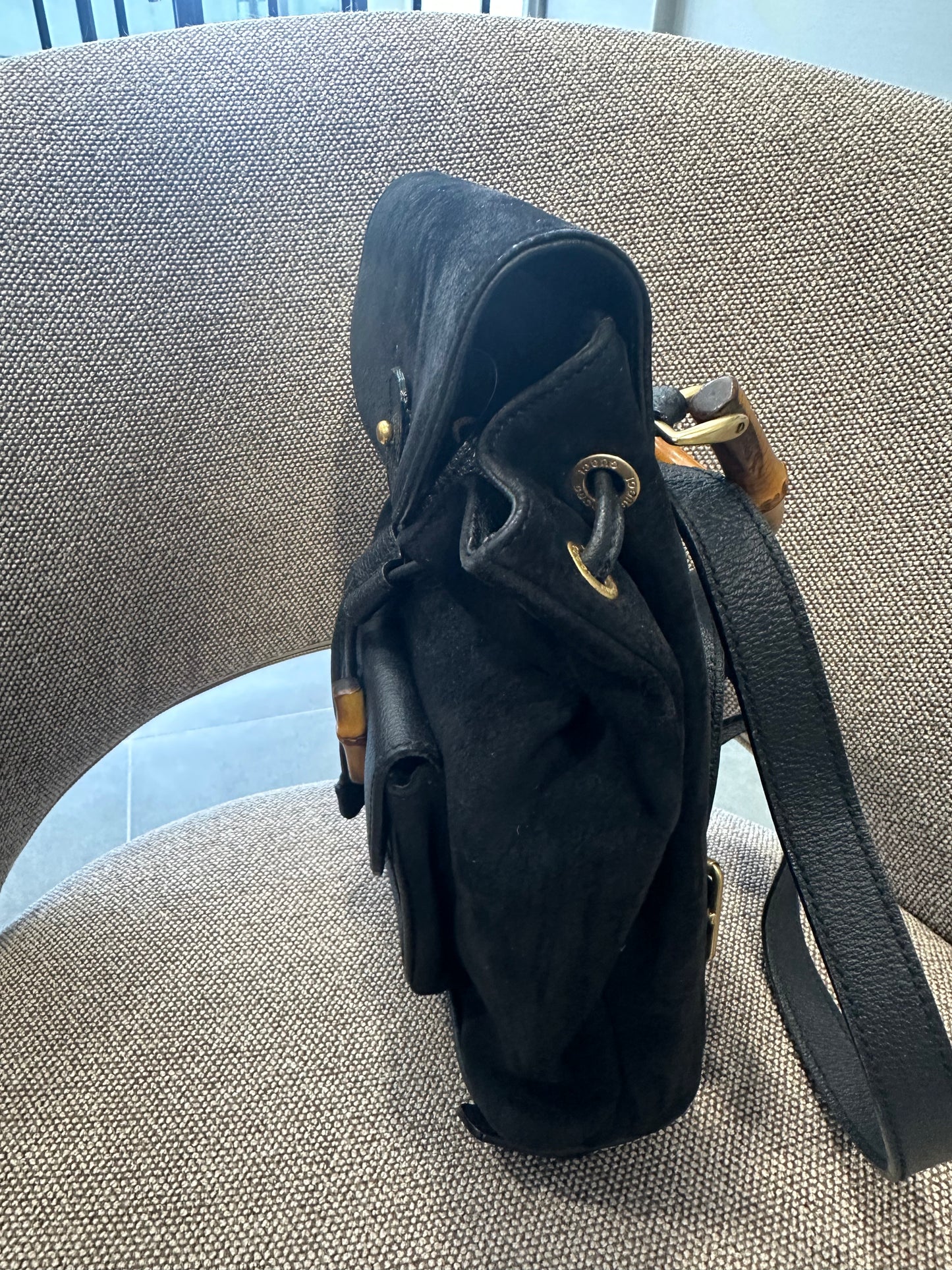 Vintage Tom Ford Era Gucci Bamboo Suede & Leather Backpack Black