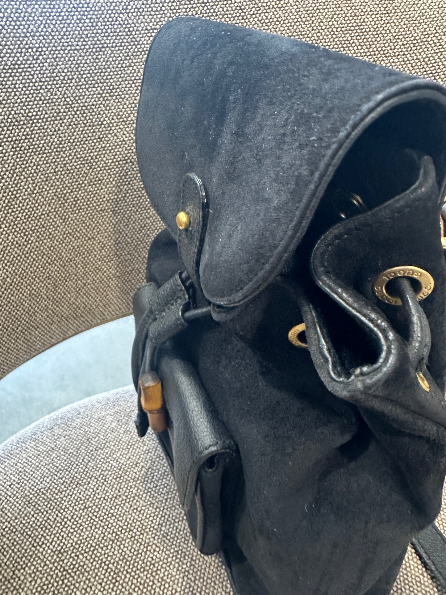 Vintage Tom Ford Era Gucci Bamboo Suede & Leather Backpack Black