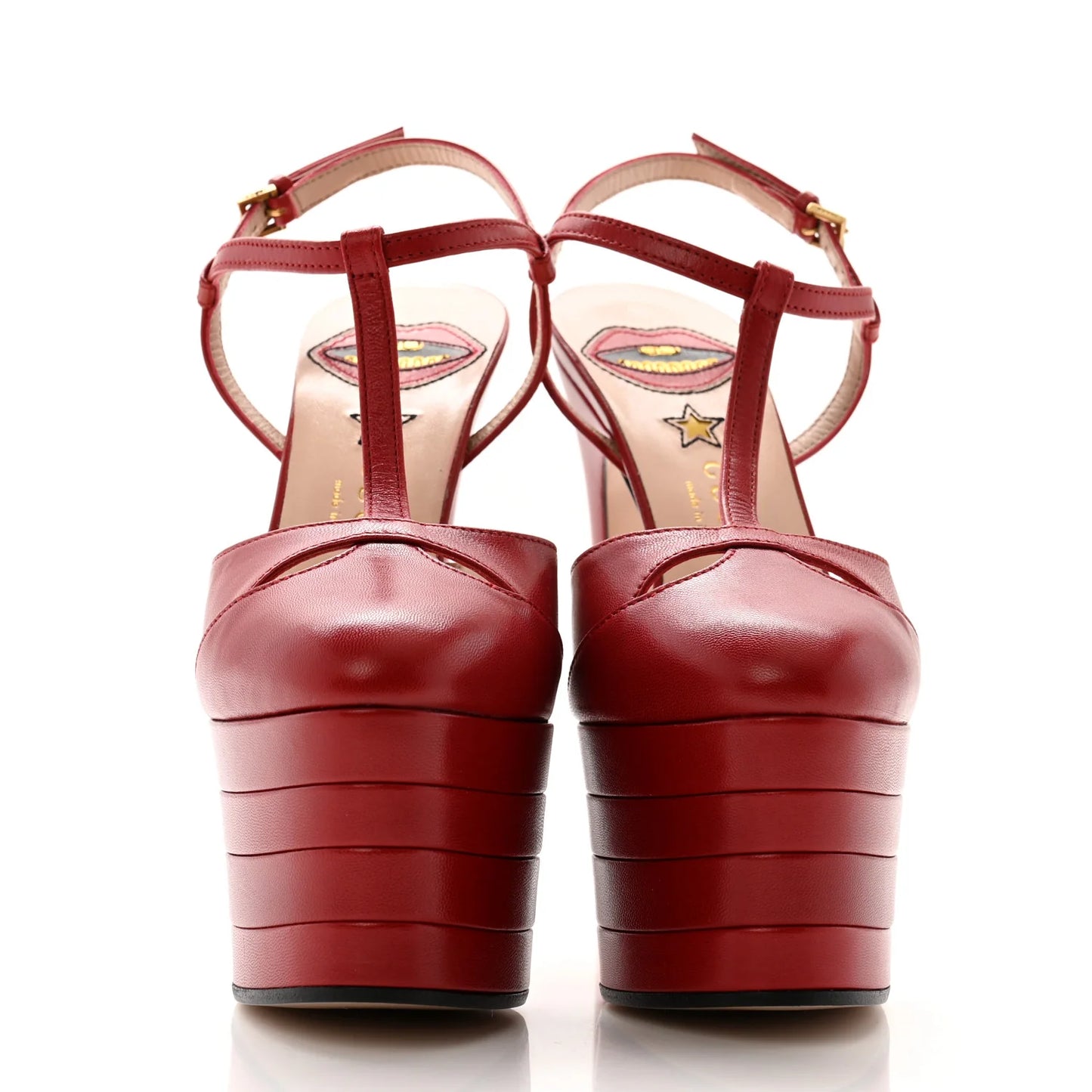 2017 Gucci Malaga Kid Angel T-Strap Platform High Heel Pumps Hibiscus Red