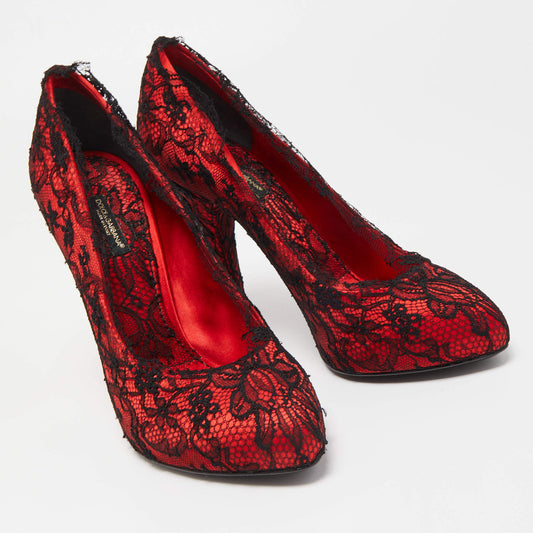 2014 Dolce & Gabbana Red/Black Satin and Lace Bellucci Pumps