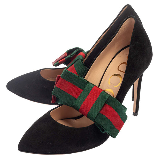2016/2017 Gucci Black Suede Sylvie Removable Web Bow Pumps Size